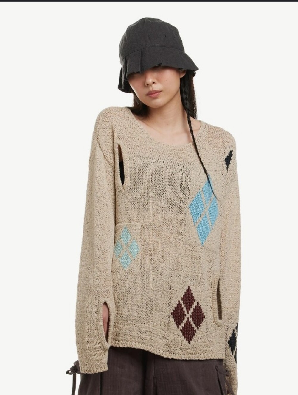 TheOpen Product Argyle Cutout Open-Knit Sweater Beige Small  Grunge Indie Sleaze